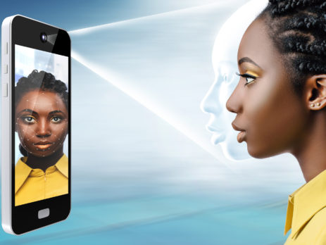 Side view of conceptual face recognition technology.
